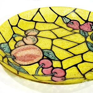 Glass Tiffany Style Stained Glass Shallow Bowl Yellow & Black With Fruit Pattern